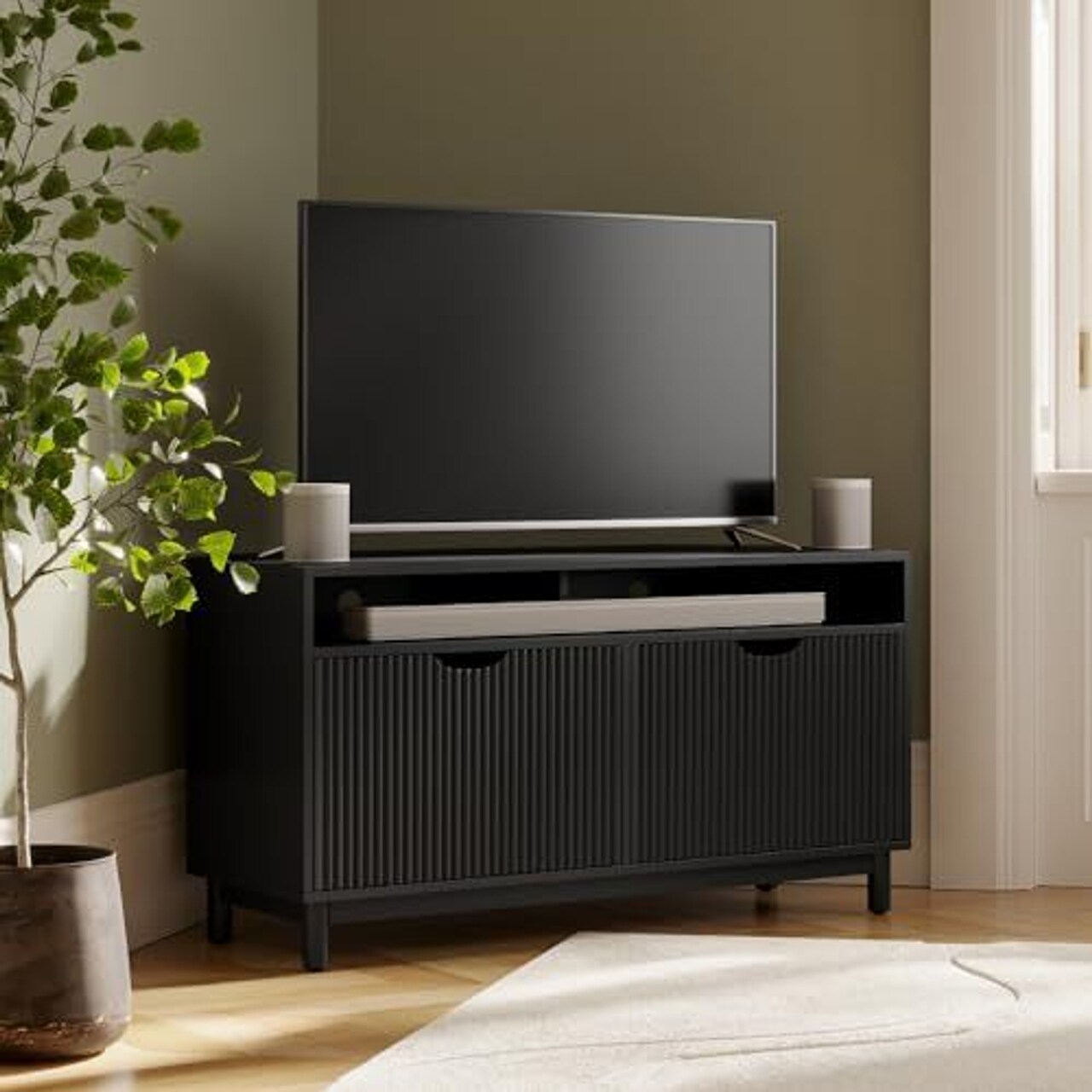 Fluted Corner TV Stand - 43” Corner Entertainment Center with Storage - Corner Media Console Table for Living Room and Bedrooms - Supports 32 to 50" TVs - Soft Close Hinges (Black)